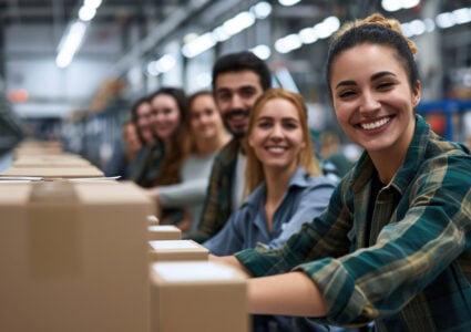 Smiling young workers packaging products at factory
